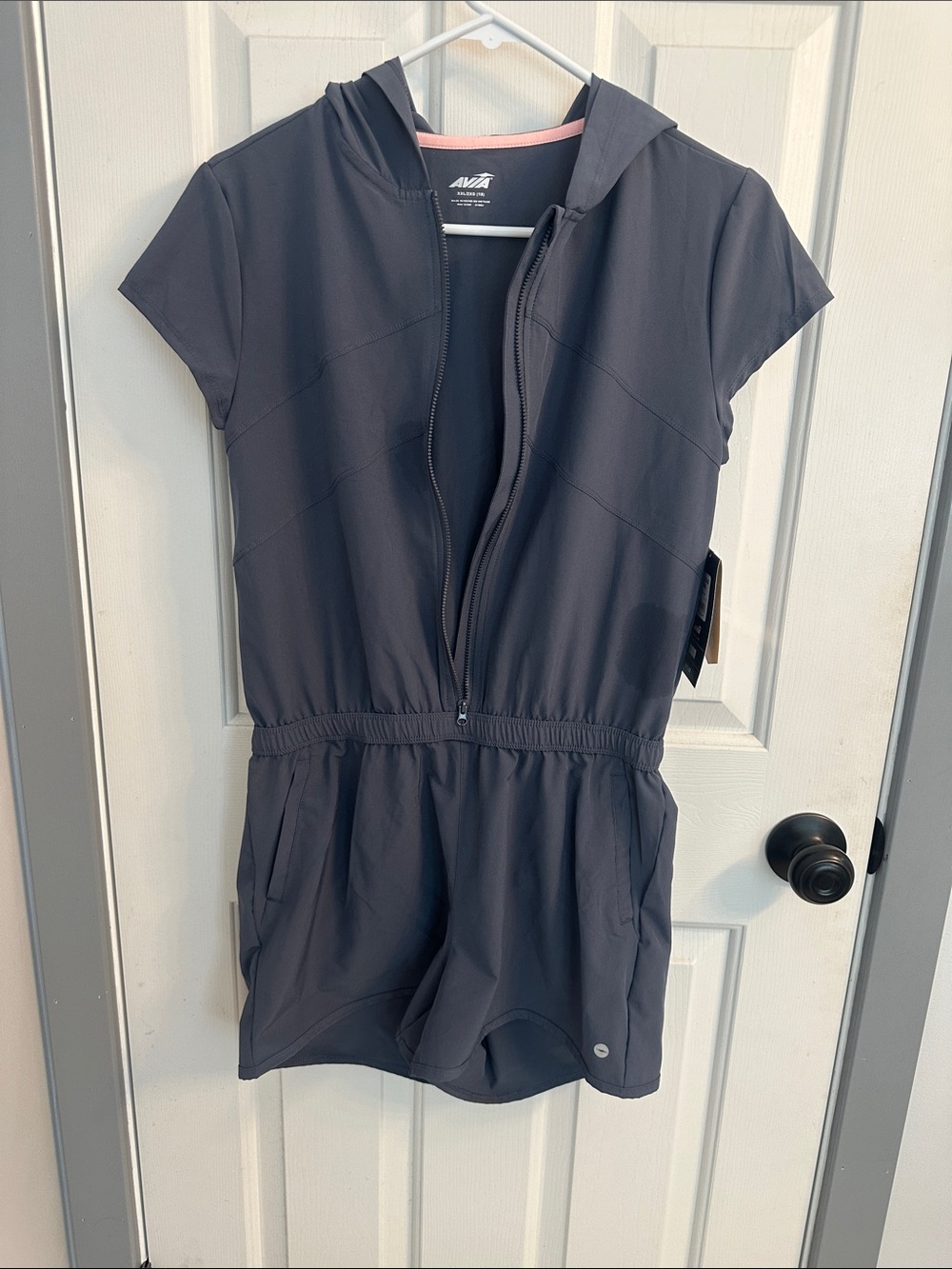 Avia Short-Sleeve Hooded Romper in Dark Gray with Pink Trim